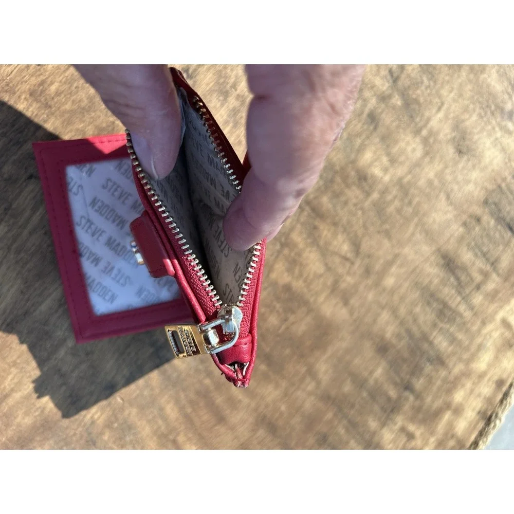 Steve Madden Red RFID Mini Wallet Card Holder Zip Coin Pocket ID Window